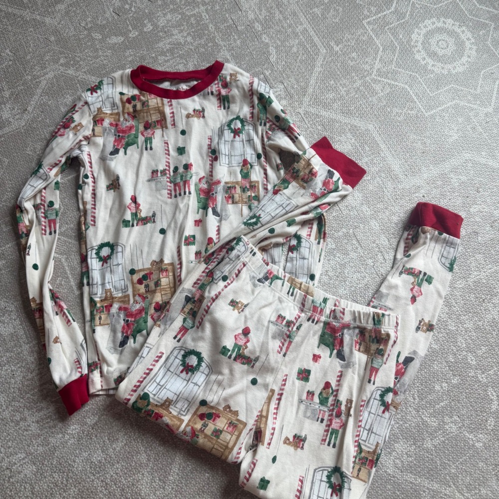 Burt's Bees Pajama Set Kids 10Y Cream Christmas Santa Elves Organic Cotton PJ